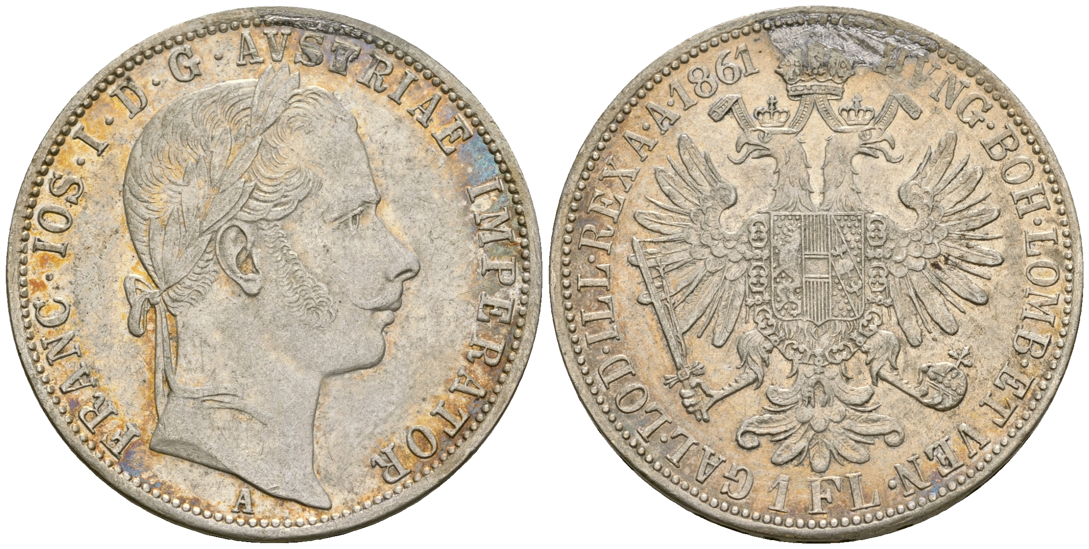 Австрия 1 флорин 1861 A, Франц Иосиф I (1848-1916), возможно с напайки KM 2219 серебро 4557-243