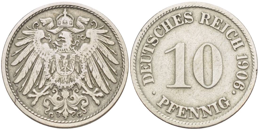 ГЕРМАНИЯ 10 ПФЕННИГОВ 1906 G KM 12, Jager 13, Weege 8 медно-никель 219-127