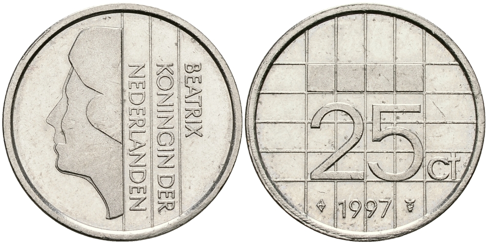 НИДЕРЛАНДЫ 25 ЦЕНТОВ 1997 БЕАТРИКС KM 204 никель 96-332