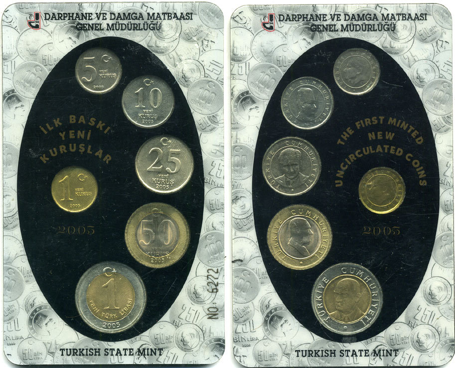 Турция официальный набор из 6 монет 2005 первый выпуск в новом дизайне, в оригинальном буклете UNC 3-6-3-21