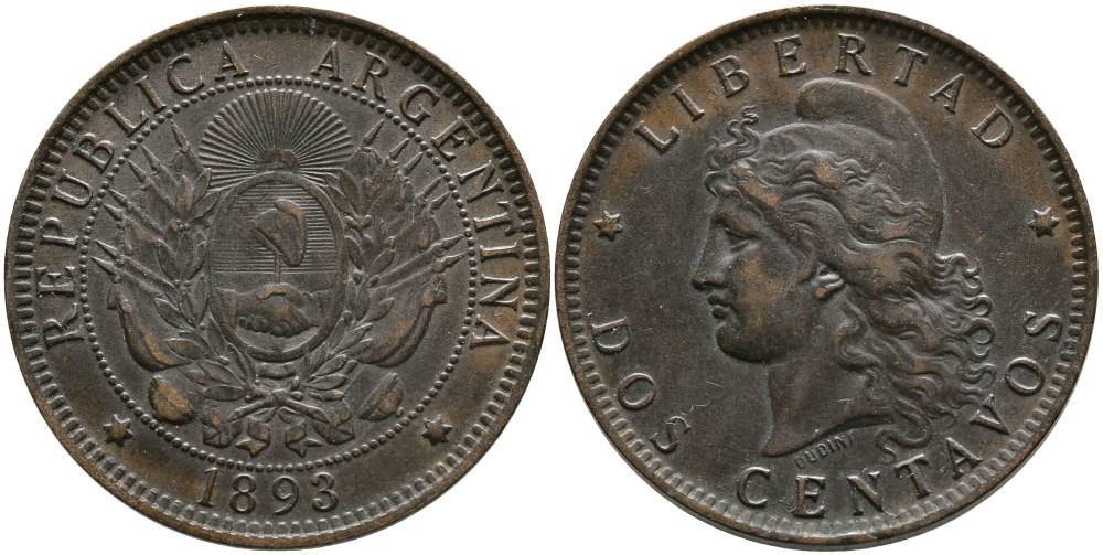 Аргентина 2 сентаво 1893 голова свободы влево KM 8 бронза 4531-1143