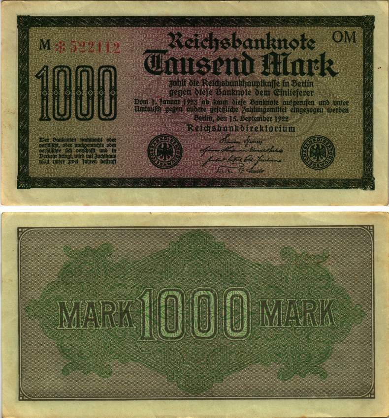 ГЕРМАНИЯ 1000 МАРОК 1922 15 СЕНТЯЬРЯ 1922, ВОДЯНОЙ ЗНАК J, ЗЕЛЁНАЯ БУМАГА, 6 ЦИФР В НОМЕРЕ, СЕРИЯ ОМ Pick 76g, Розенберг 75q бумага XF 8615-2-1-1