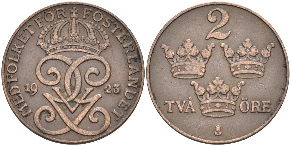 Швеция 2 эре 1923 Густав V (1907-1950) KM 778 бронза 63-1134