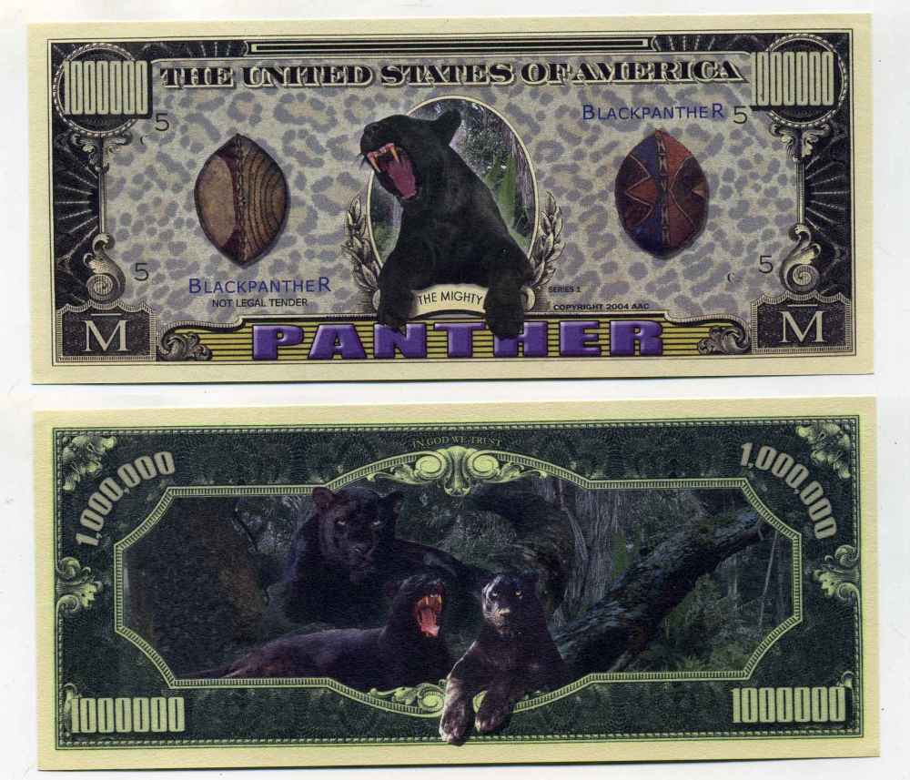 США 1000000 ДОЛЛАРОВ 2004 СУВЕНИРНАЯ БАНКНОТА, ЧЕРНАЯ ПАНТЕРА бумага UNC (ПРЕСС) 8588-20-2-2