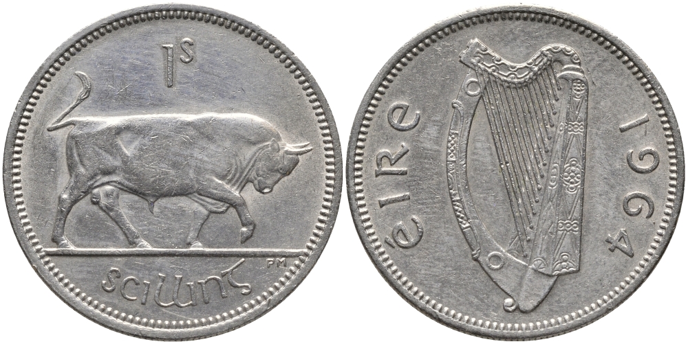 ИРЛАНДИЯ 1 ШИЛЛИНГ 1964 БЫК KM 14а медно-никель 89-554