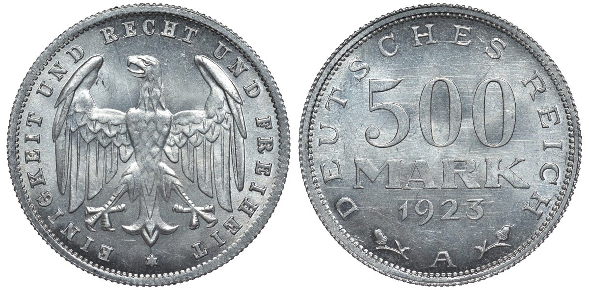 Германия 500 марок 1923 А KM 36, J.305 алюминий UNC 4587-533