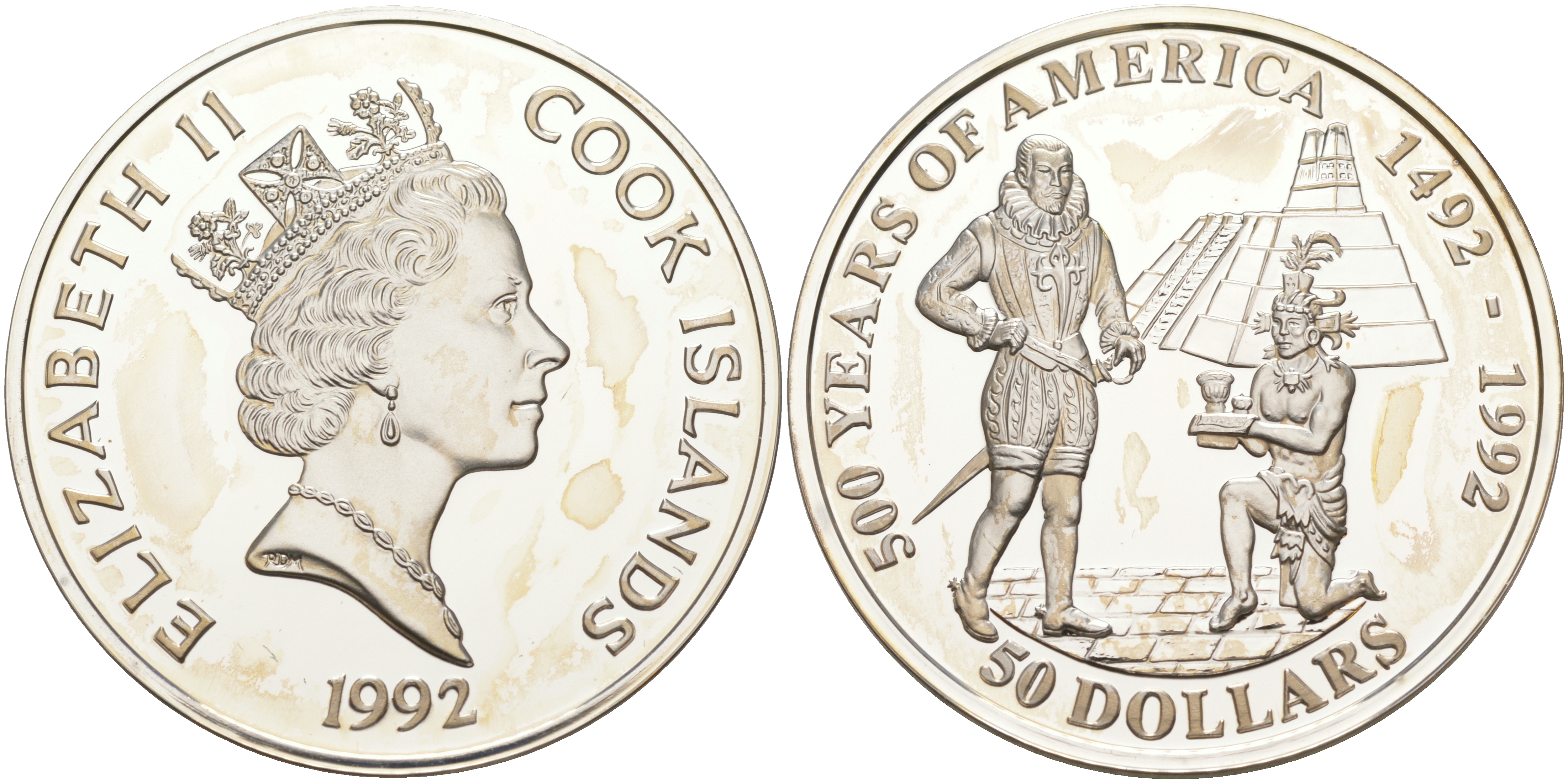 ОСТРОВА КУКА 50 ДОЛЛАРОВ 1992 500 ЛЕТ ОТКРЫТИЮ АМЕРИКИ, ПЕДРО АЛЬВАРАДО И ИМПЕРИЯ ИНКОВ, ВЕС 31,1035 ГР. KM 310 серебро PROOF 1074-7-41