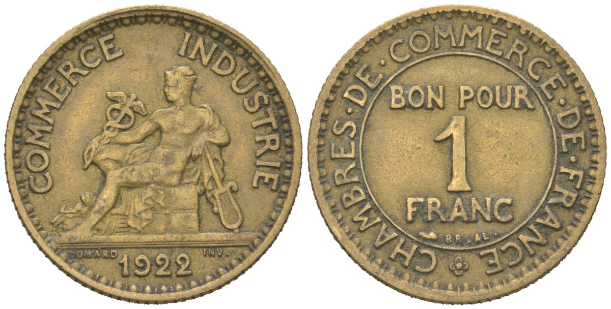 Франция 1 франк 1922 KM 876 алюминиевая бронза 113-821