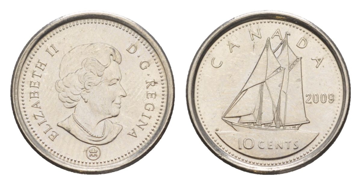 Канада 10 центов 2009 Leaf, Елизавета II (1952-2022), парусник KM 492 сталь плакированная никелем UNC 4630-863
