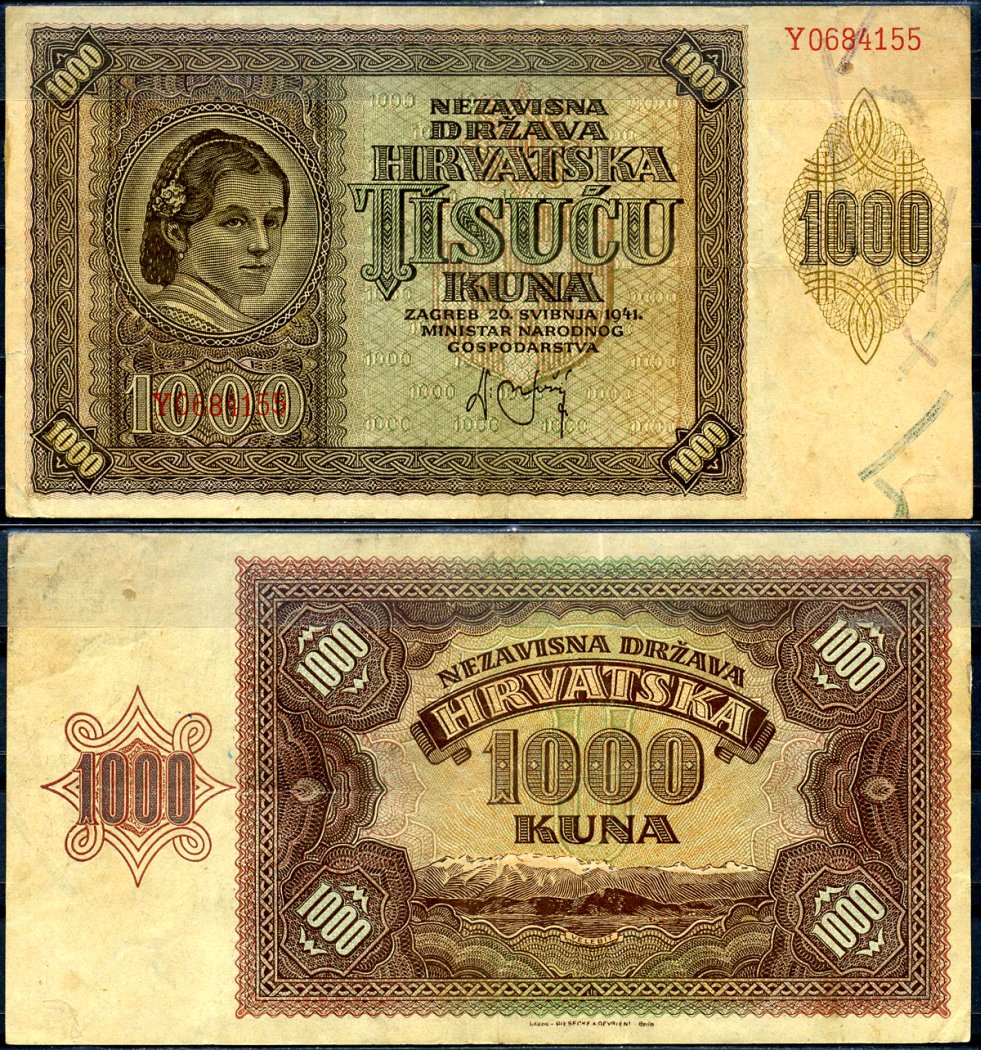 Хорватия 1000 кун 1941 Pick 4 a бумага 7548-101-2-2
