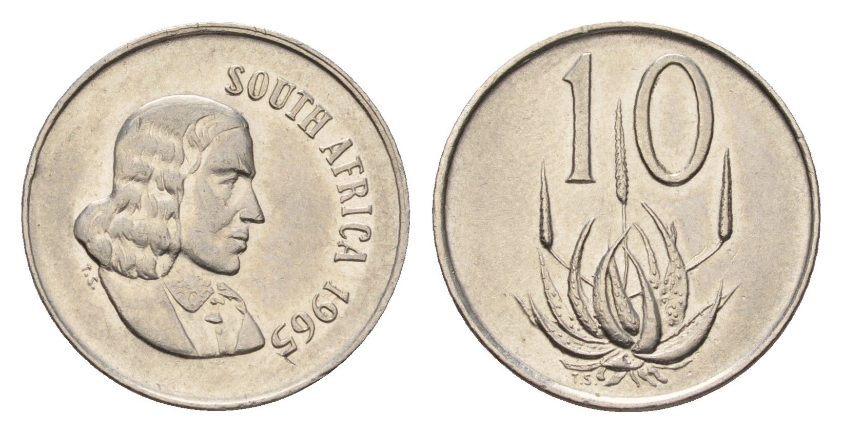 ЮАР 10 центов 1965 Ян ван Рибек (1619-1677), South Africa, легенда на африкаанс, цветок алоэ KM 68.1 медно-никель 4682-726
