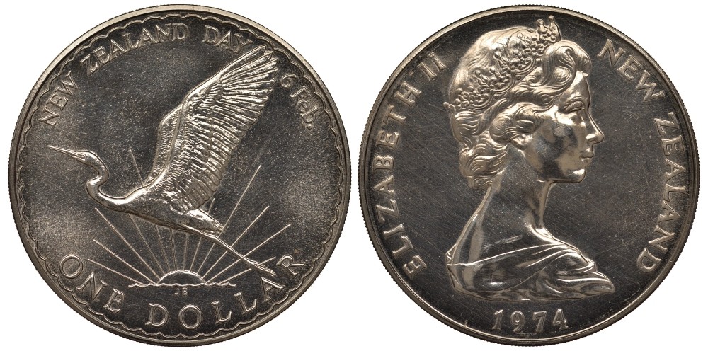 Новая Зеландия 1 доллар 1974 национальный день 6 февраля, большая белая цапля, Елизавета II (1952-2022) KM 45 медно-никель UNC 4537-132
