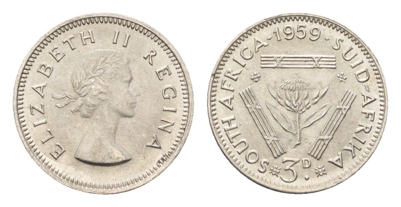 ЮАР 3 пенса 1959 Елизавета II (1952-2022) KM 47 серебро UNC 4679-139
