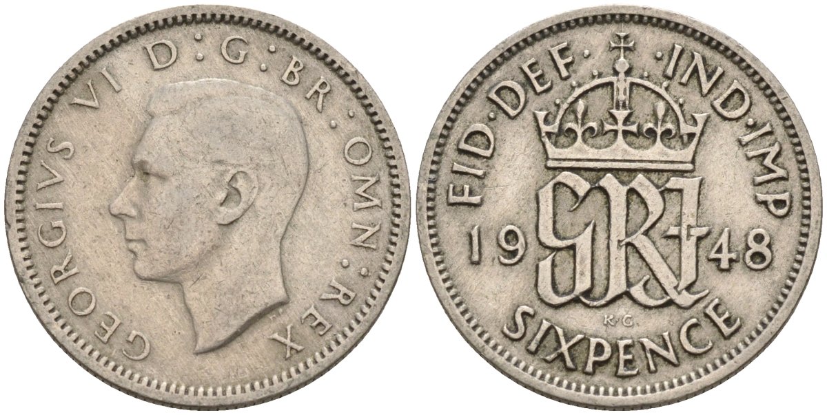 Великобритания 6 пенсов 1948 Георг VI (1936-1952) KM 875, Spink 4105 медно-никель 4596-1031