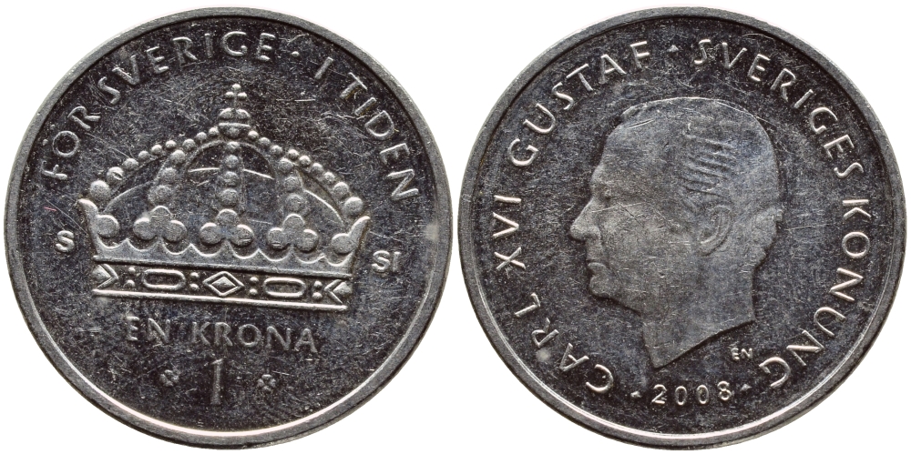 Швеция 1 крона 2008 Карл XVI Густав (1973- ) KM 894 медно-никель 87-321