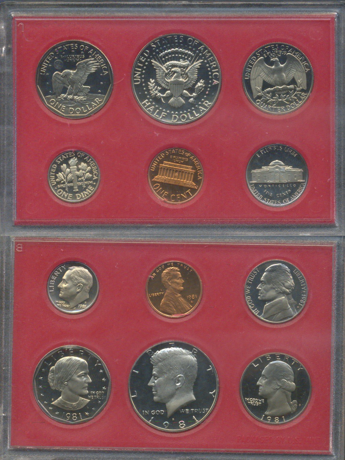 США годовой набор из 6 монет (1, 5, 10, 25 и 50 центов; 1 доллар) 1981 в оригинальной упаковке KM PS146 (164a, A192, 195a, 201, 202b и 207) PROOF 8-2-06-75