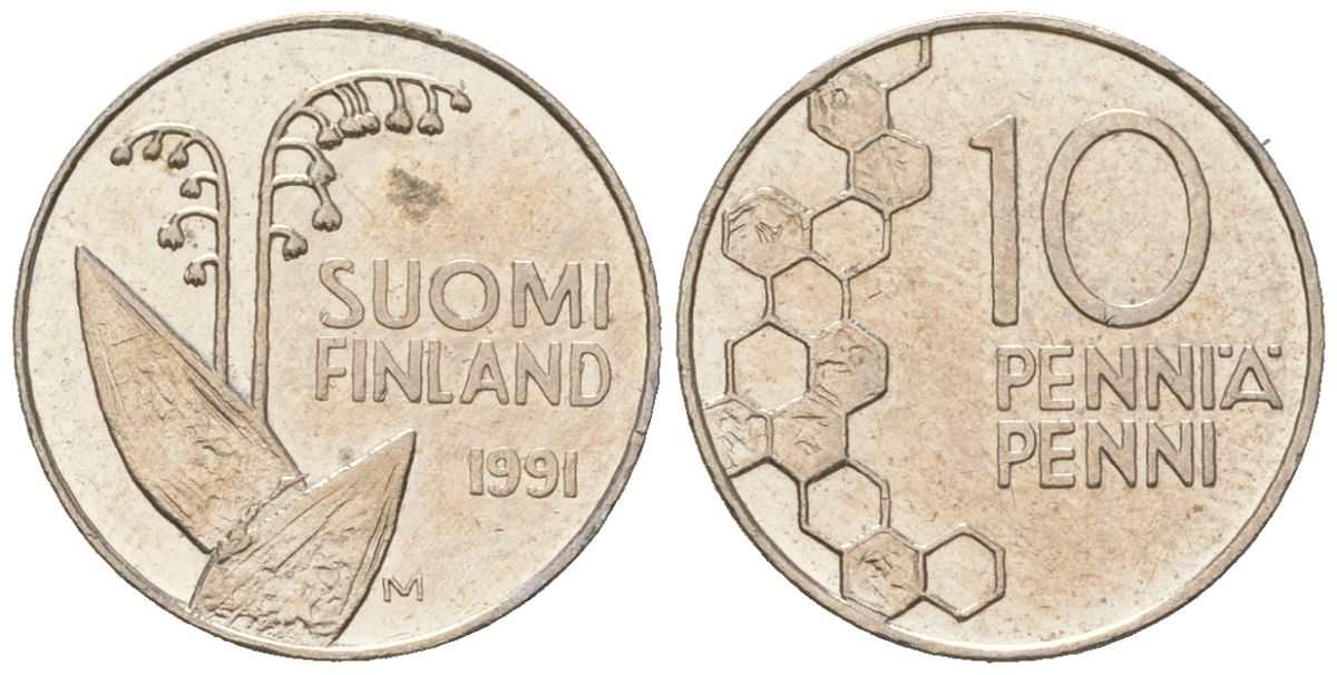 Финляндия 10 пенни 1991 M KM 65 медно-никель aUNC 99-1164