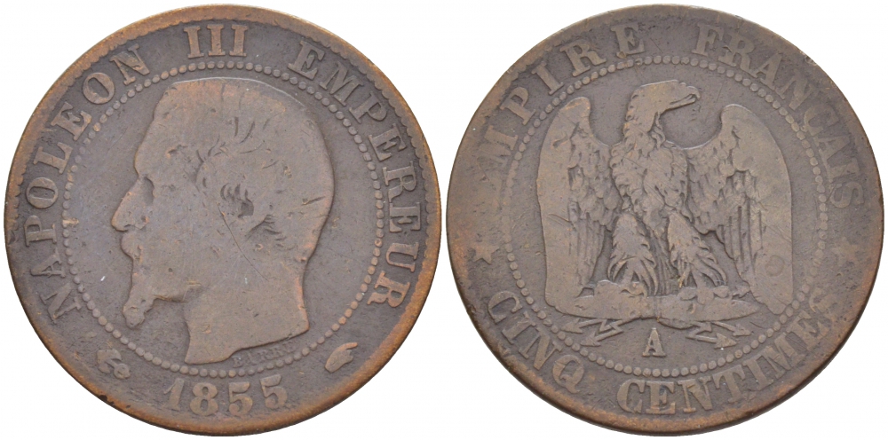 Франция 5 сантимов 1855 A, Наполеон III (1852-1870) KM 777.1, LE FRANC 116.17 бронза 4448-1242