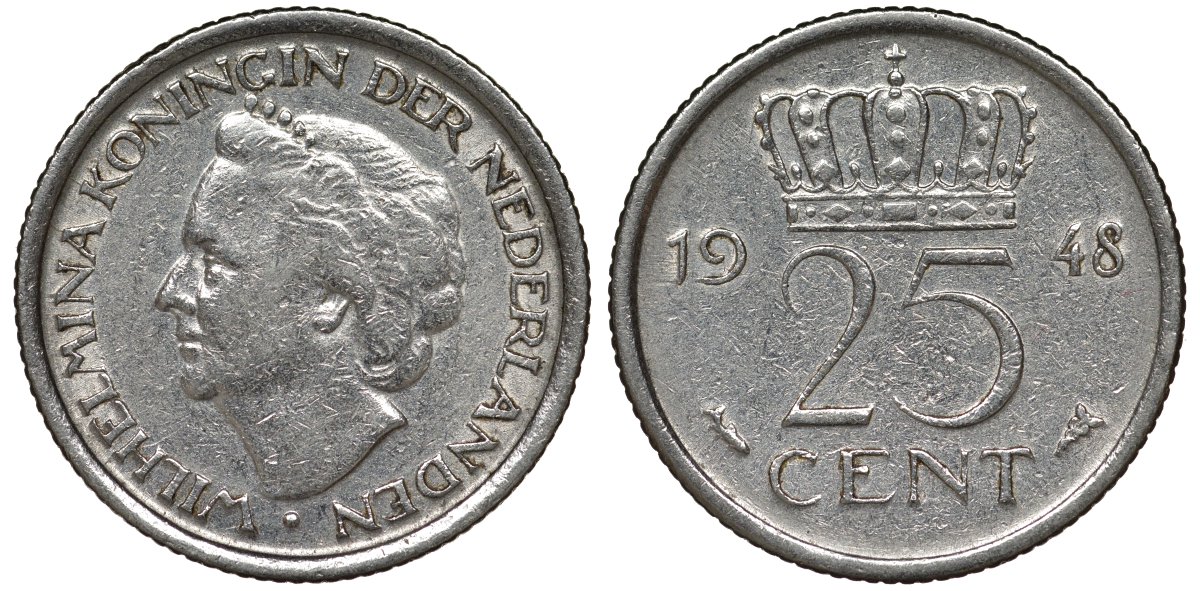 Нидерланды 25 центов 1948 Вильгельмина (1895-1948) KM 178 никель 4122-122