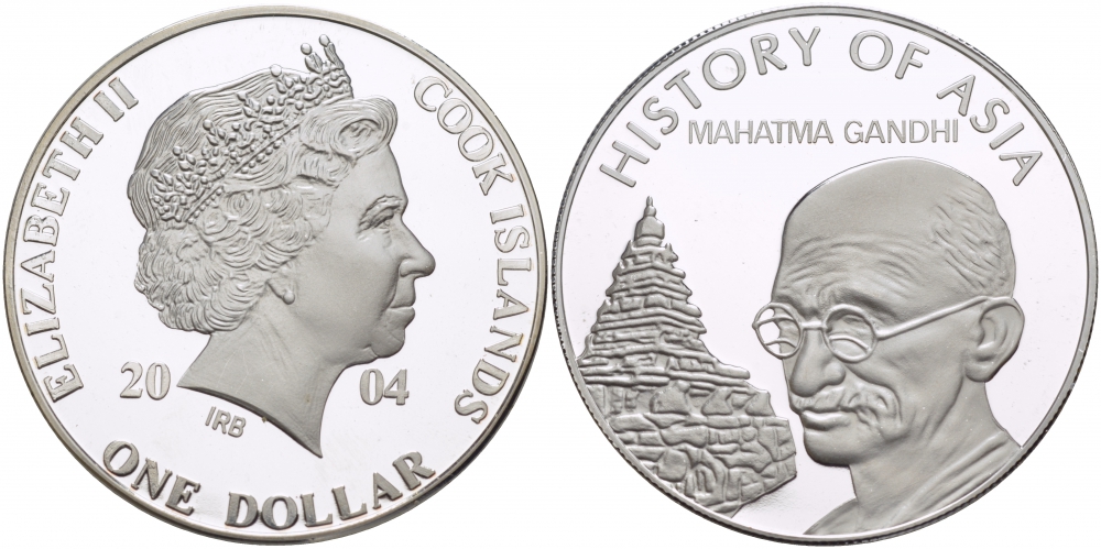 Острова Кука 1 доллар 2004 история Азии, Махатма Ганди KM 1156 медно-никель PROOF 05-086-23