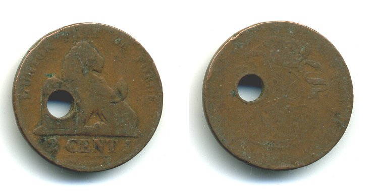 БЕЛЬГИЯ 2 ЦЕНТА ND С ДЫРКОЙ медь 58-344