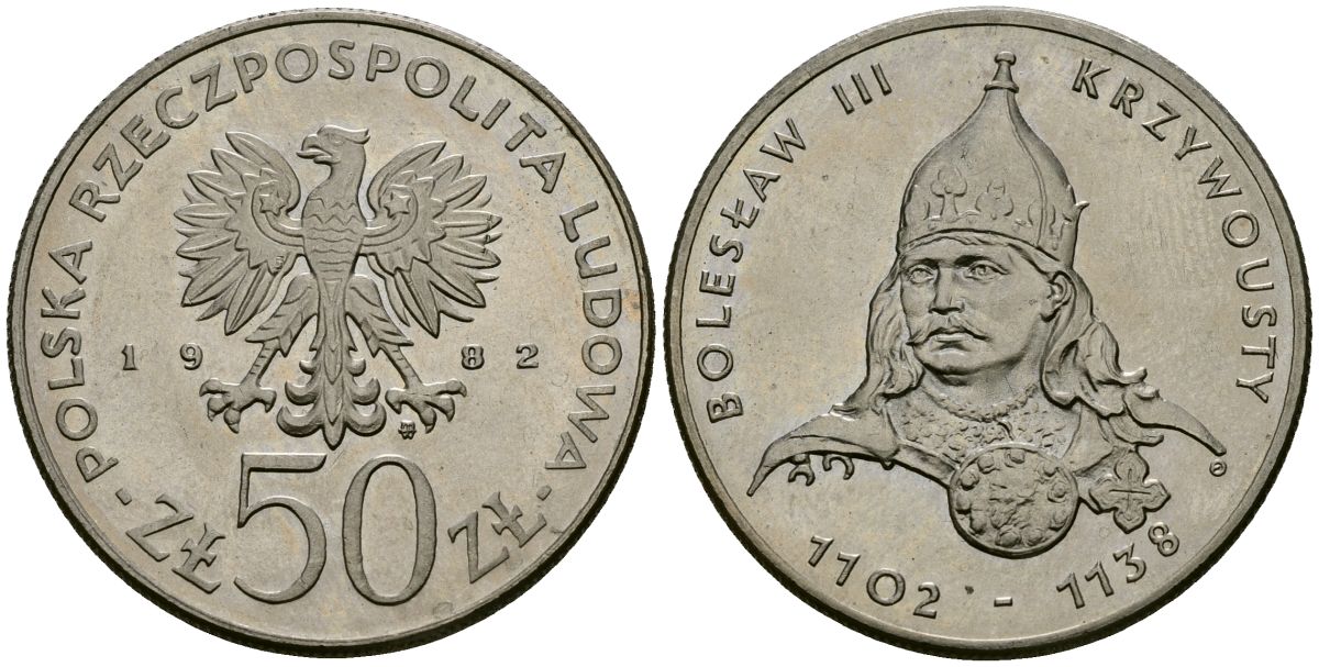 Польша 50 злотых 1982 MW, серия польские правители, Болеслав III Кривоустый (1102-1138) KM 133, ParchImowicz 264 медно-никель 4168-844