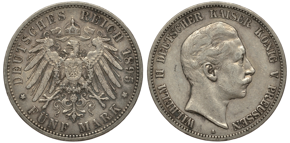 Пруссия 5 марок 1895 Вильгельм II (1888-1918) KM 523, J.104 серебро    413-2331