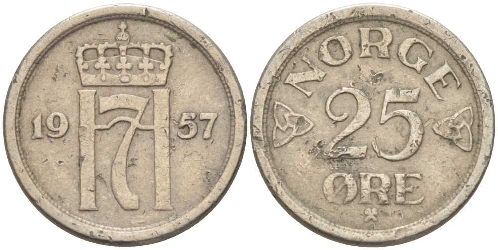 НОРВЕГИЯ 25 ЭРЕ 1957 ХАКОН VII (1905-1957) KM 401 медно-никель 211-1217