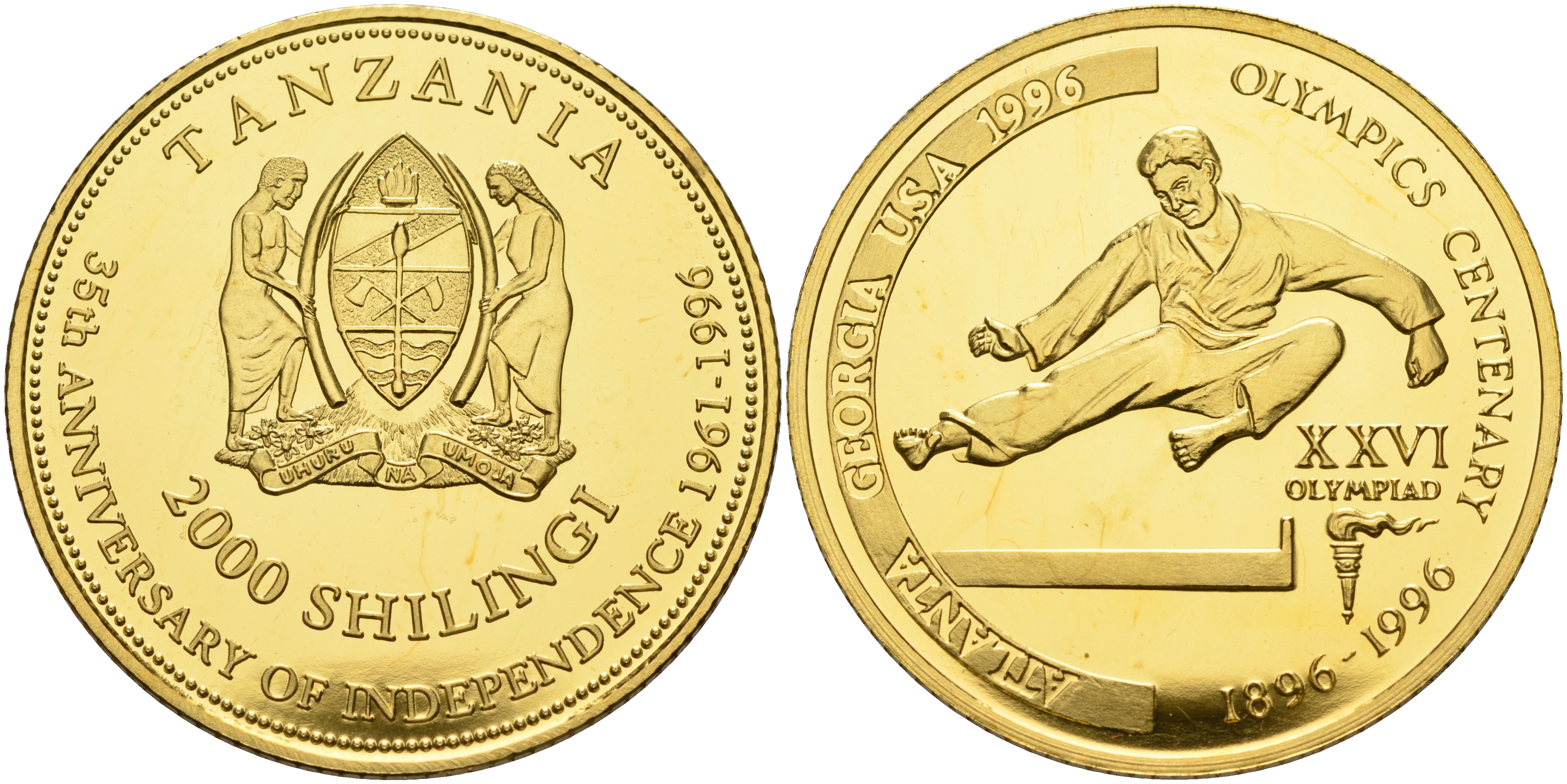 Танзания 2000 шиллингов 1996 XXVI Олимпийские игры 1996 года в Атланте, 100 лет Олимпийскому движению, карате, пробник, рубчатый гурт латунь PROOF 06-158-24