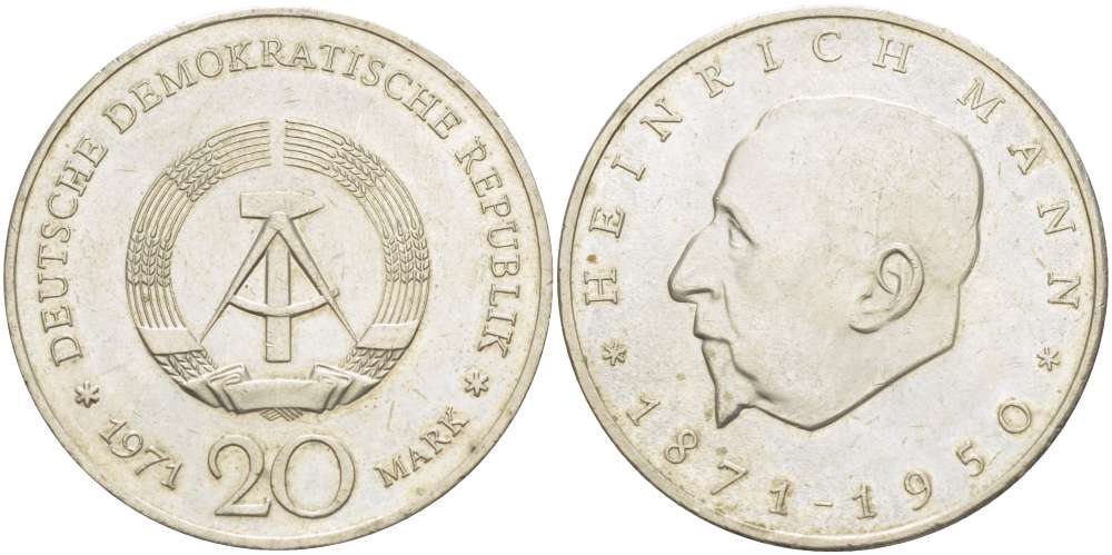 ГДР 20 марок 1971 А, 100 лет со дня рождения Генриха Манна (1871-1950) KM 33, J. 1531 медно-никель 4521-624