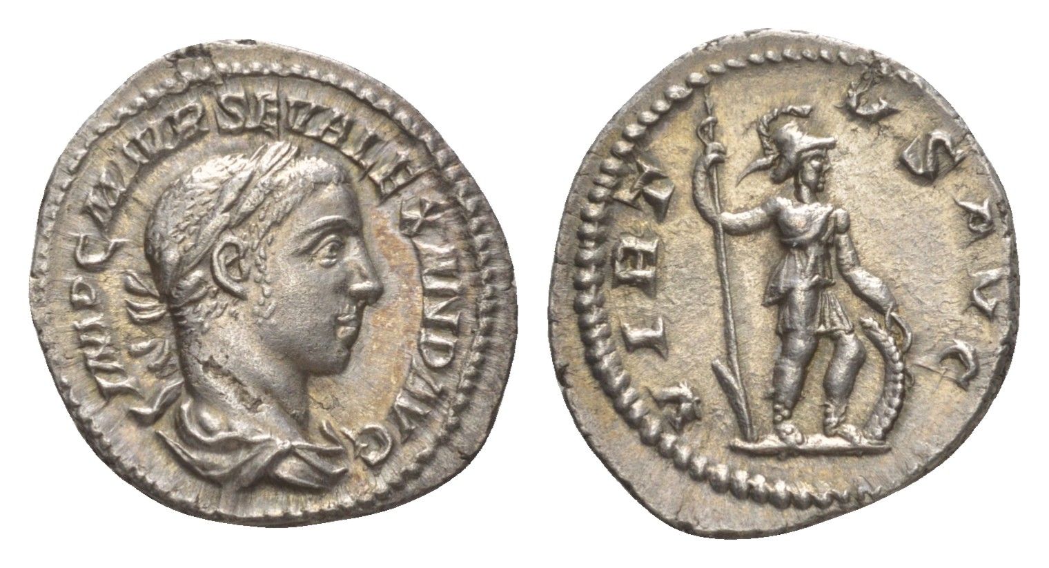 Римская Империя денарий 225 Александр Север, IMP C M AVR SEV ALEXAND AVG, бюст императора/VIRTVS AVG, Виртус с копьем и щитом, Рим, About extremely fine RIC 182 серебро 00-812-55