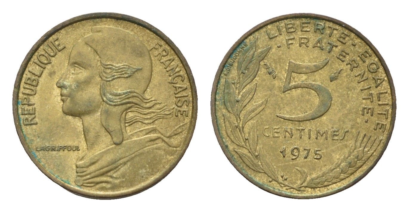 Франция 5 сантимов 1975 KM 933 алюминиевая бронза 4685-1225