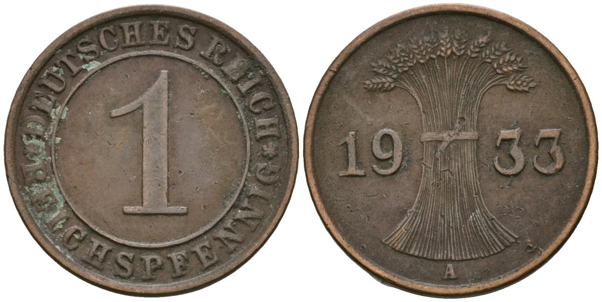 Германия 1 рейхспфенниг 1933 A KM 37, J. 313 бронза 4189-1154