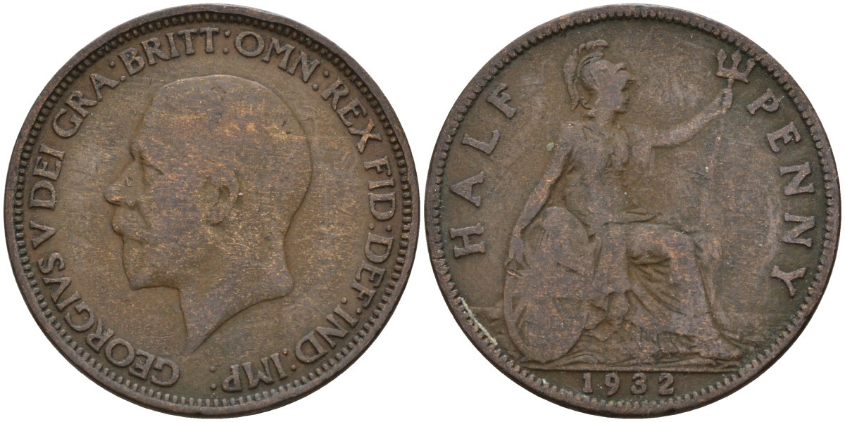 Великобритания 1/2 пенни 1932 Георг V (1910 - 1936) KM 837, Spink 4058 бронза 4146-156