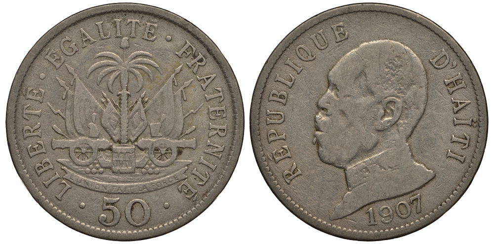 Гаити 50 сантимов 1907 Президент Пьер Нор Алексис KM 56 медно-никель 633-311