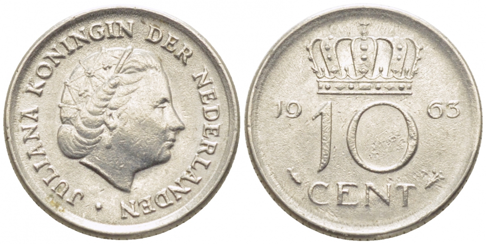 НИДЕРЛАНДЫ 10 ЦЕНТОВ 1963 ЮЛИАНА KM 182 никель 112-267