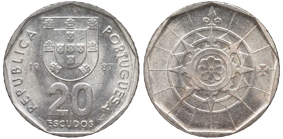 Португалия 20 эскудо 1987 KM 634 медно-никель 4142-1227