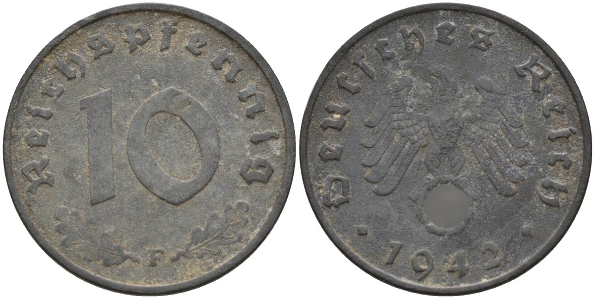 Германия 10 рейхспфеннигов 1942 F KM 101, J.371 цинк 4151-213