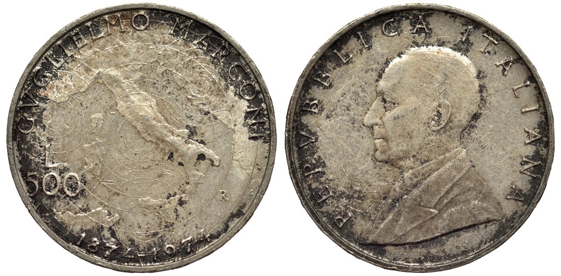 Италия 500 лир 1974 R, 100 лет со дня рождения Гульельмо Маркони KM 103 серебро aUNC 69-136