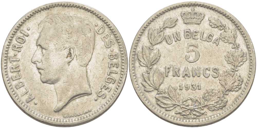 БЕЛЬГИЯ 5 ФРАНКОВ 1931 АЛЬБЕРТ I, DES BELGES KM 97.1 никель 3851-211