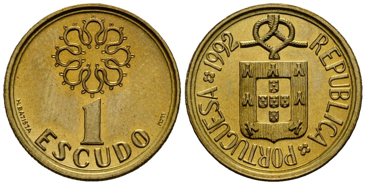 Португалия 1 эскудо 1992 KM 631 никель латунь 4164-1118