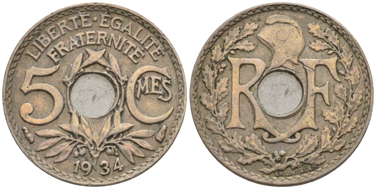 Франция 5 сантимов 1934 KM 875 медно-никель 4596-623