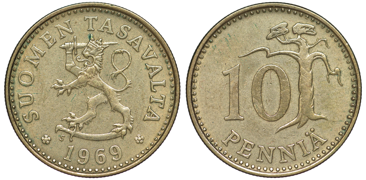 ФИНЛЯНДИЯ 10 ПЕННИ 1969 S KM 46 алюминиевая бронза 3334-1125
