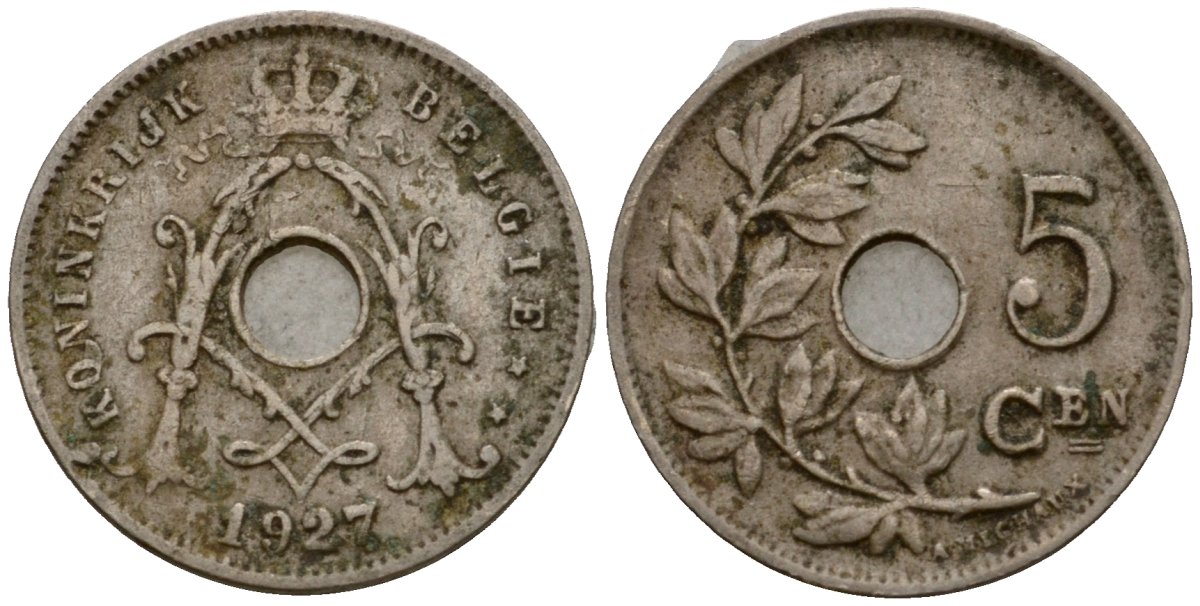 Бельгия 5 сантимов 1927 Belgie KM 67 медно-никель 4602-126