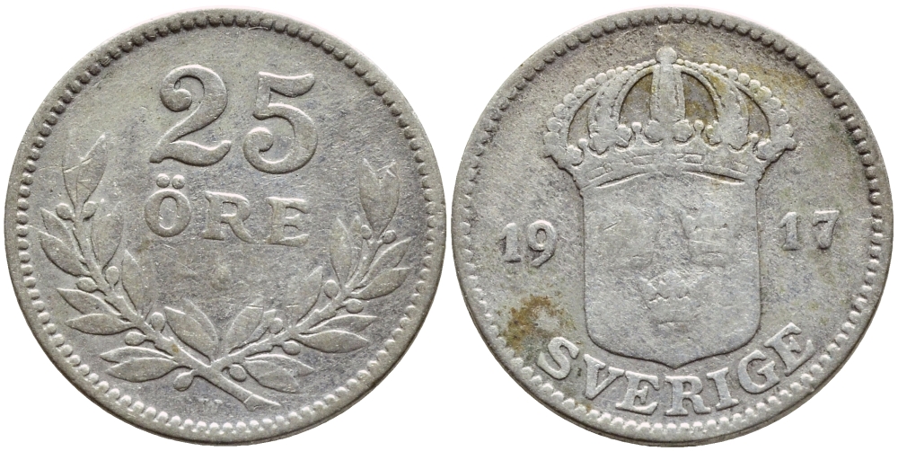 Швеция 25 эре 1917 W, Густав V (1907-1950) KM 785 серебро 1530-833