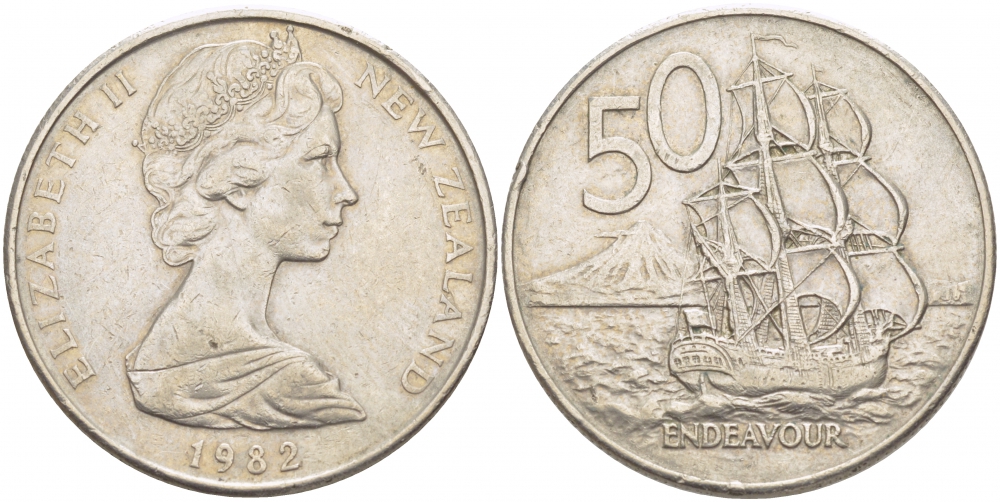 Новая Зеландия 50 центов 1982 Елизавета II (1952-2022), парусник Индевор KM 37.1 медно-никель 215-214