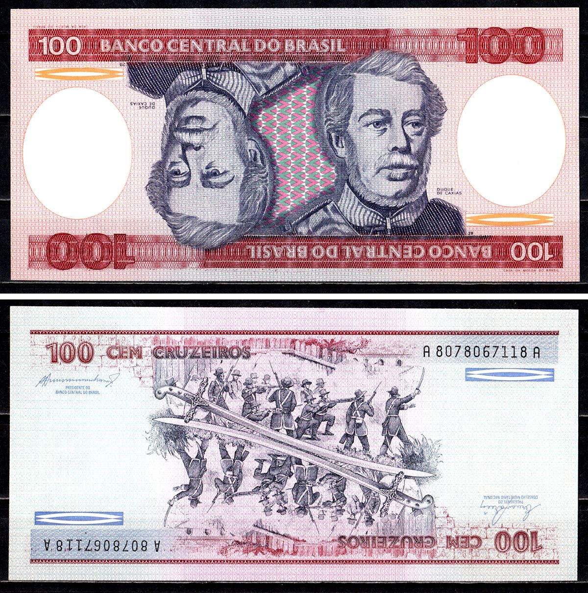 Бразилия 100 крузейро ND (1981-1984) серия А 8078, Герцог Каксиас Pick 198 b бумага UNC (пресс) 7554-15-1-1