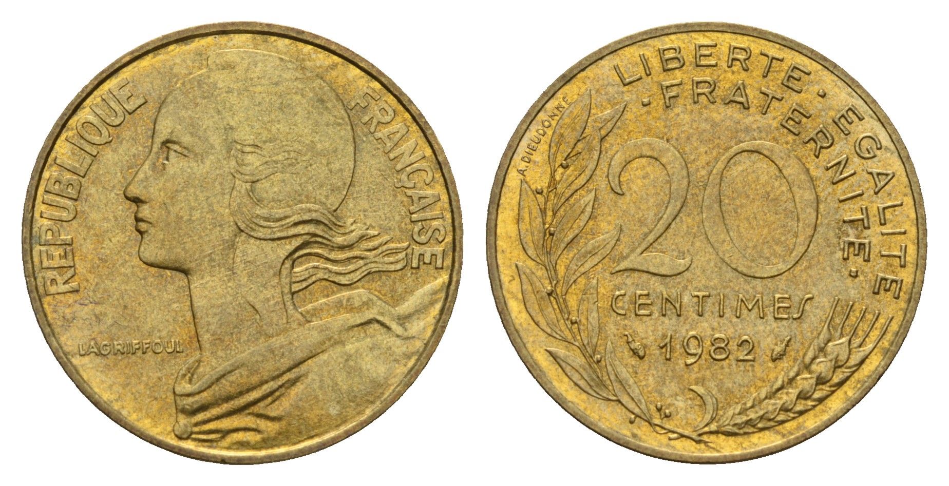 Франция 20 сантимов 1982 KM 929 алюминиевая бронза 186-211