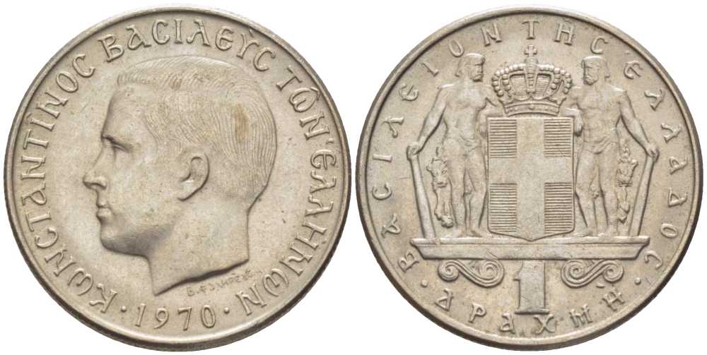 Греция 1 драхма 1970 Константин II (1964-1974) KM 89 медно-никель UNC 24-1233