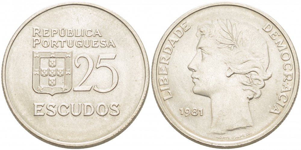 Португалия 25 эскудо 1981 KM 607а медно-никель UNC 4403-1035